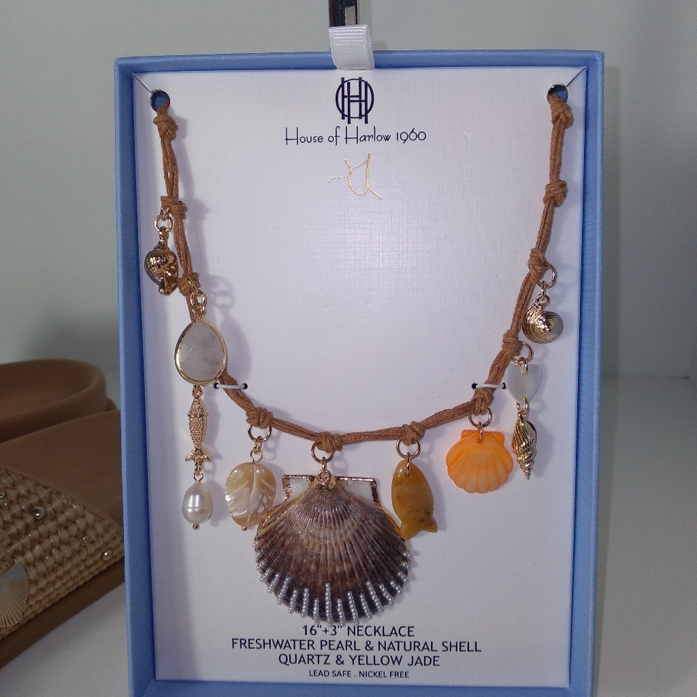 Steve Madden Tan/Gold Shell Buckle Strap Sandals, Freshwater Pearl Necklace Set - Picture 4 of 8